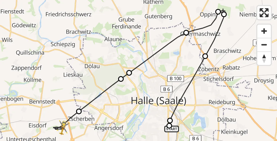 Flugroute Rettungshubschrauber BG Hospital Bergmannstrost Halle - Teutschenthal, 28 Mai 2026, 11:36