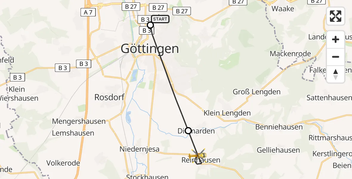 Flugroute Rettungshubschrauber Göttingen University Clinic Hubschrauberlandeplatz - Gleichen, 28 Mai 2026, 11:42