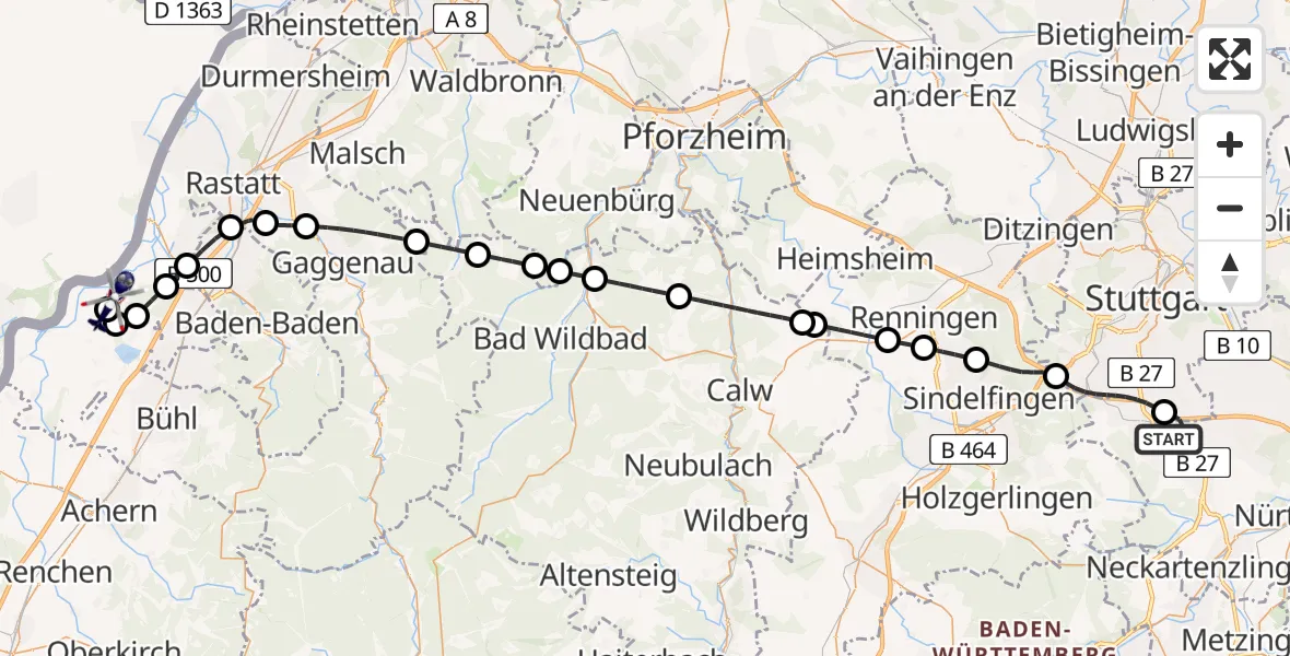 Flugroute Polizeihubschrauber Flughafen Stuttgart - Karlsruhe Baden-Baden Flughafen, 28 Mai 2026, 11:46