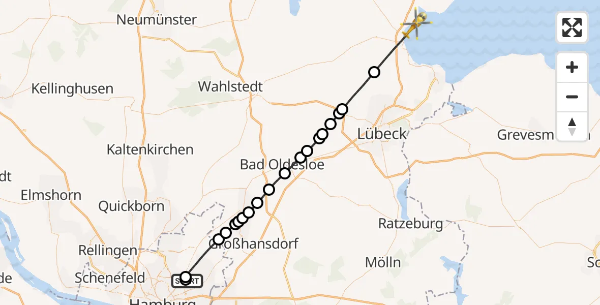 Flugroute Rettungshubschrauber Hamburg Military Hospital - Scharbeutz, 28 Mai 2026, 11:47