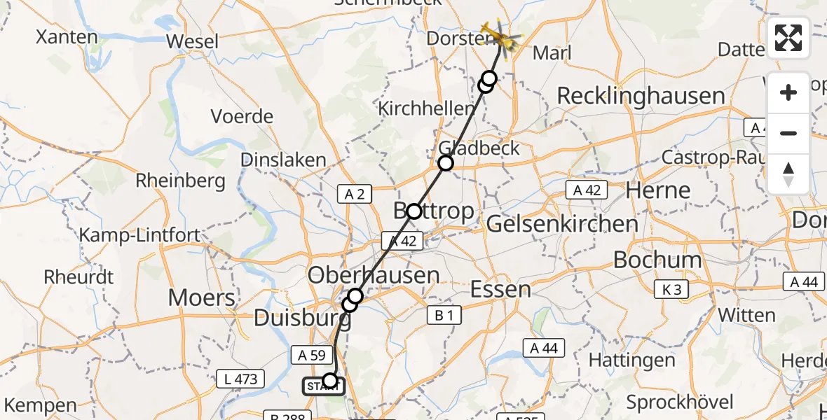 Flugroute Rettungshubschrauber Duisburg Air Rescue Hubschrauberlandeplatz (Christoph 9) - Dorsten, 28 Mai 2026, 11:50