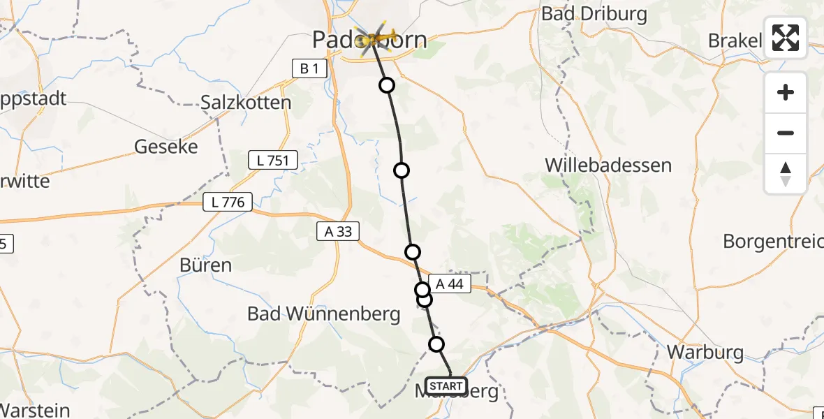 Flugroute Rettungshubschrauber Marsberg - Paderborn, 28 Mai 2026, 11:55