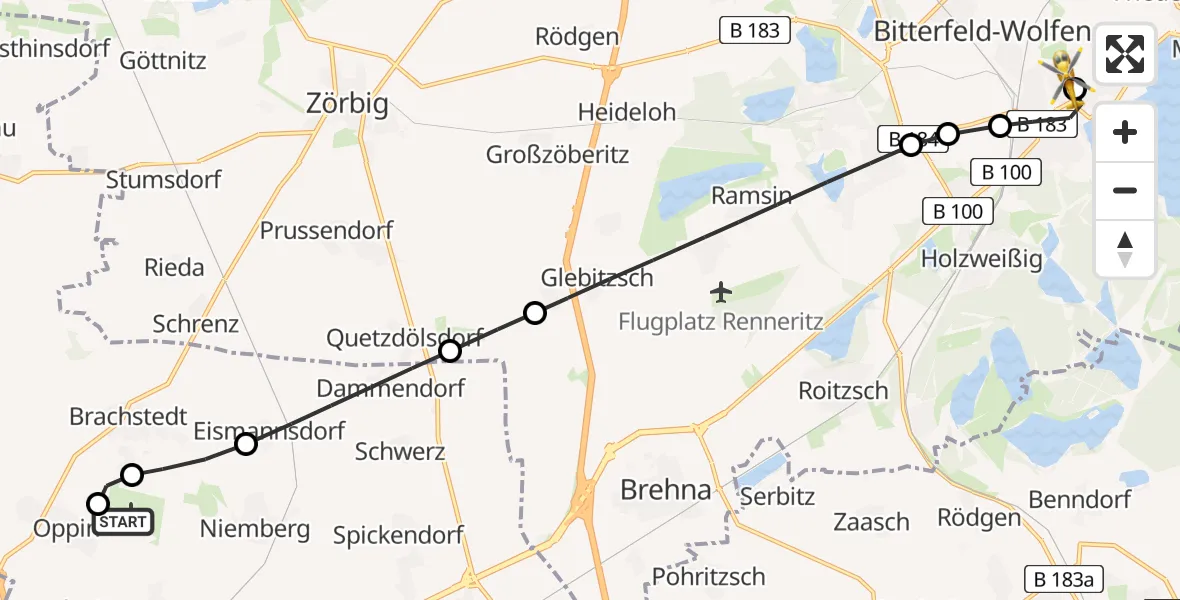 Flugroute Rettungshubschrauber Halle-Oppin Flugplatz - Bitterfield-Wolfen Health Center Hubschrauberlandeplatz, 28 Mai 2026, 11:56