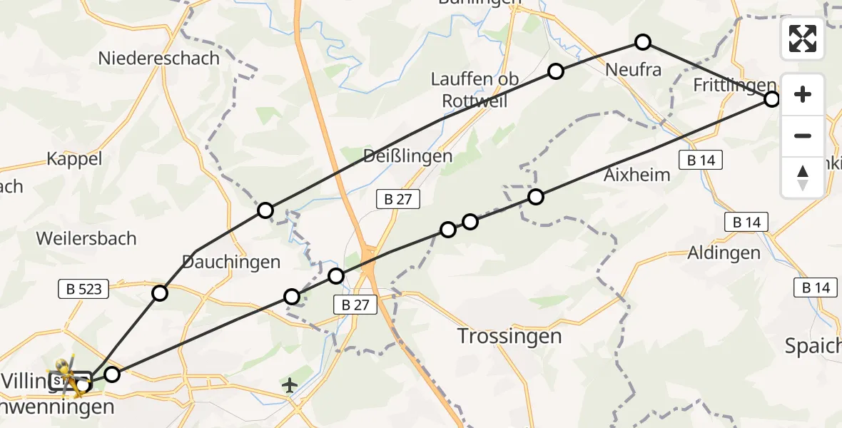 Flugroute Ambulanzhubschrauber DRF Air Rescue Station Villingen-Schwenningen Hubschrauberlandeplatz (Christoph 11) - DRF Air Rescue Station Villingen-Schwenningen Hubschrauberlandeplatz (Christoph 11), 28 Mai 2026, 11:56