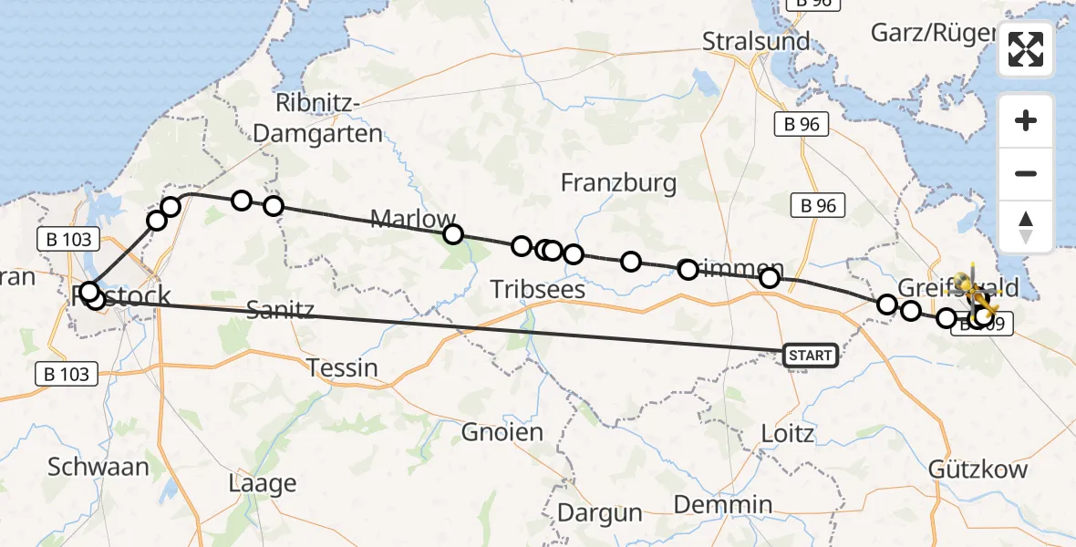 Flugroute Rettungshubschrauber Süderholz - Greifswald Hospital, 28 Mai 2026, 12:00