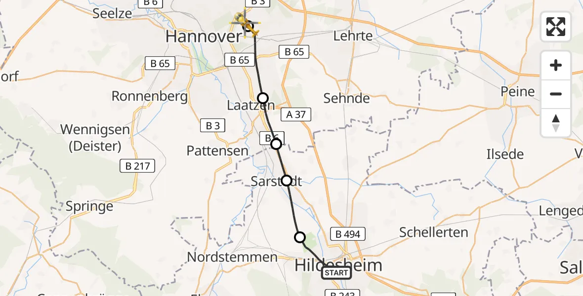 Flugroute Rettungshubschrauber Hildesheim - Hannover Luftrettung Hubschrauberlandeplatz (Christoph 4), 28 Mai 2026, 12:03