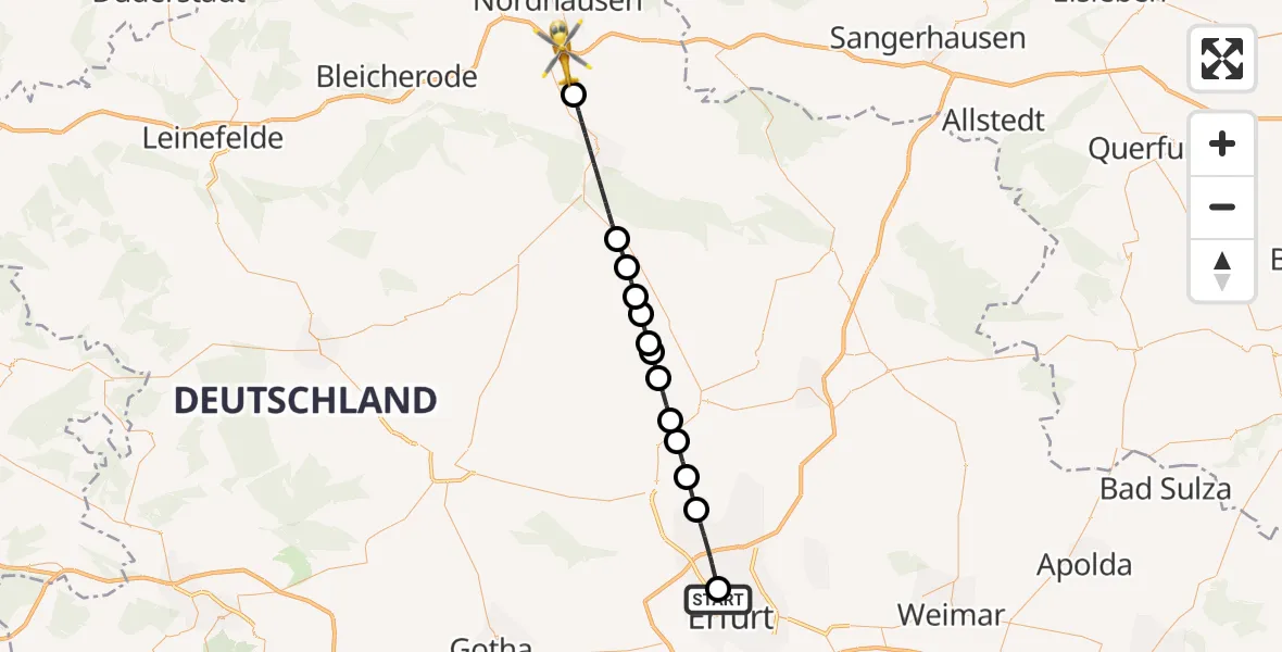 Flugroute Rettungshubschrauber Helios Clinic Erfurt - Heringen/Helme, 28 Mai 2026, 12:06