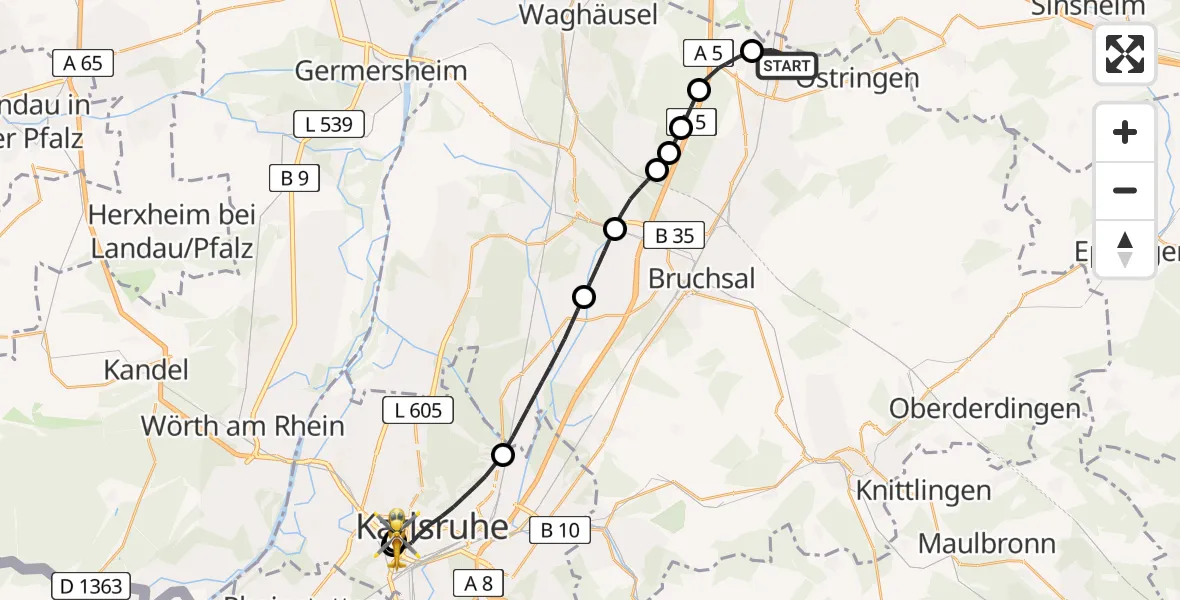 Flugroute Rettungshubschrauber Bad Schönborn - Sankt Vincentius Hospital, 28 Mai 2026, 12:10