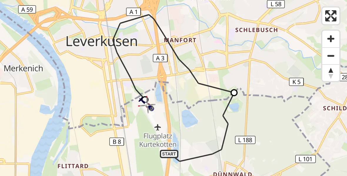 Flugroute Polizeihubschrauber Köln - Leverkusen Flugplatz, 28 Mai 2026, 12:21
