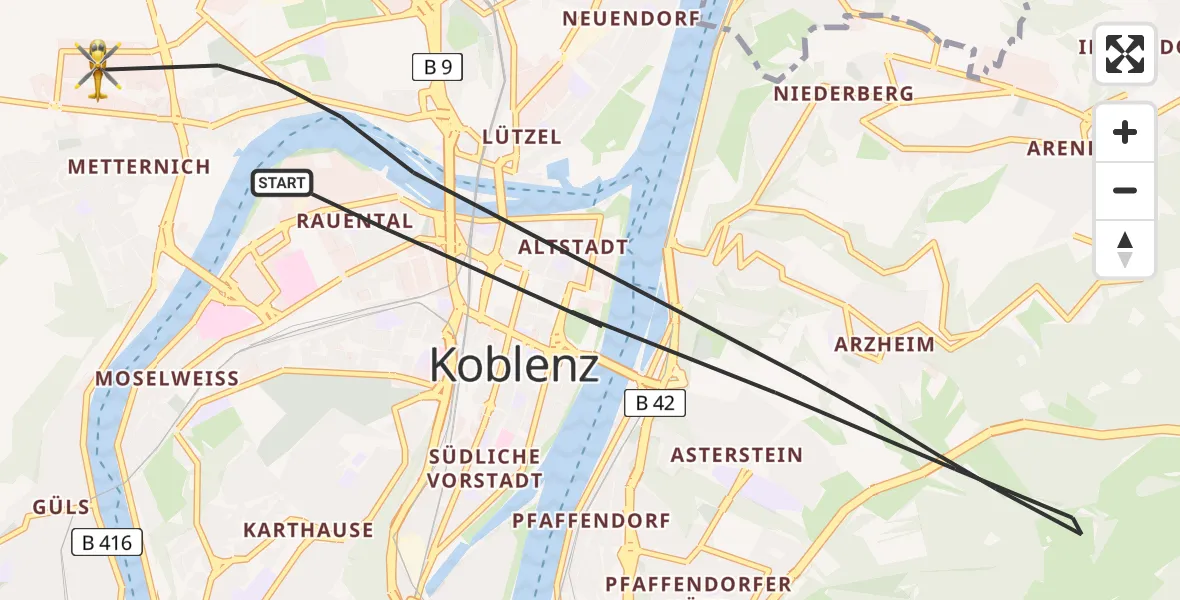 Flugroute Rettungshubschrauber Koblenz - Koblenz, 28 Mai 2026, 12:23