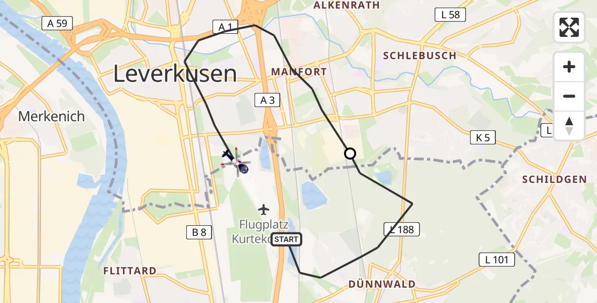 Flugroute Polizeihubschrauber Köln - Leverkusen Flugplatz, 28 Mai 2026, 12:28