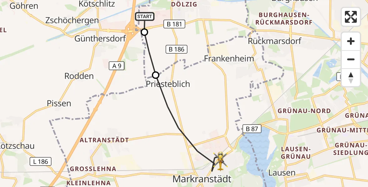 Flugroute Rettungshubschrauber ADAC Air Rescue Station Leipzig/Schkeuditz-Dölzig Hubschrauberlandeplatz (Christoph 61) - Markranstädt, 28 Mai 2026, 12:31