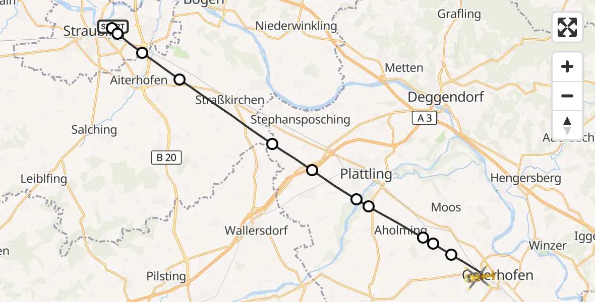 Flugroute Rettungshubschrauber Sankt Elisabeth Hospital Straubing - Osterhofen, 28 Mai 2026, 12:31