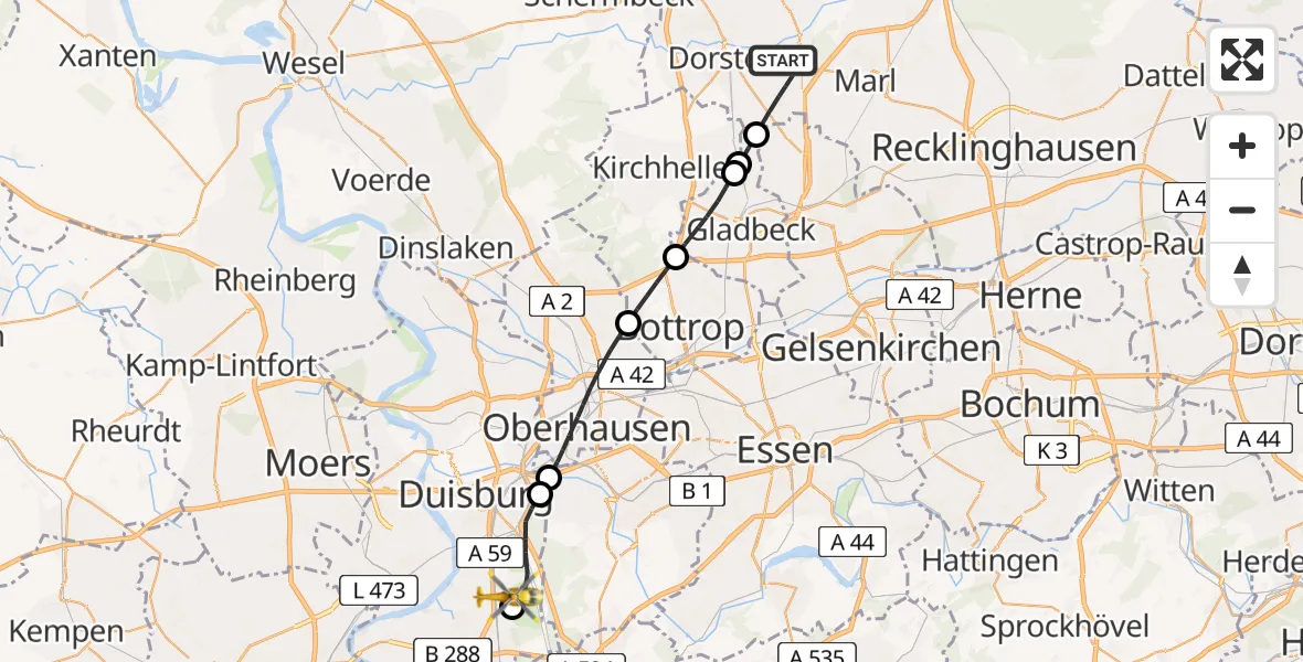 Flugroute Rettungshubschrauber Dorsten - Duisburg Air Rescue Hubschrauberlandeplatz (Christoph 9), 28 Mai 2026, 12:34