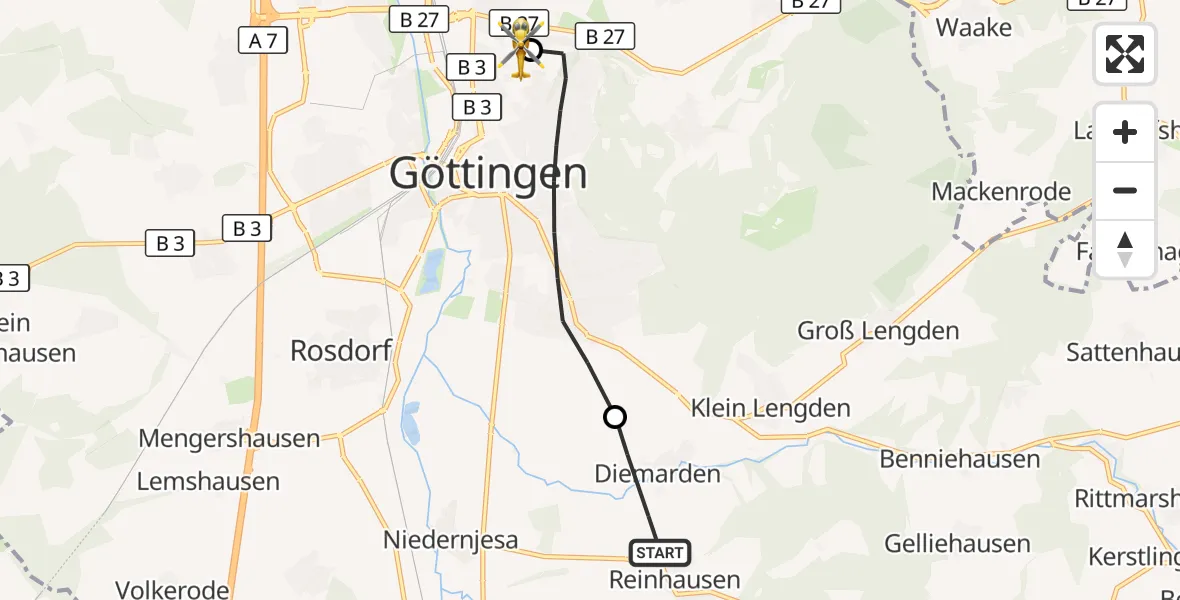 Flugroute Rettungshubschrauber Gleichen - Göttingen University Clinic Hubschrauberlandeplatz, 28 Mai 2026, 12:35