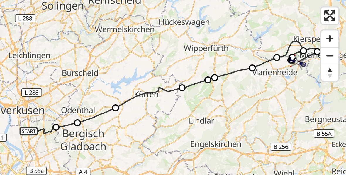 Flugroute Polizeihubschrauber Köln - Marienheide, 28 Mai 2026, 12:39