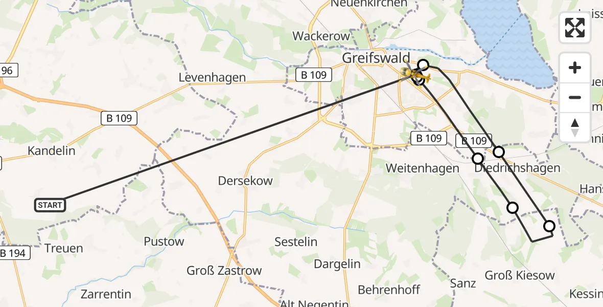 Flugroute Rettungshubschrauber Süderholz - Greifswald Hospital, 28 Mai 2026, 12:39