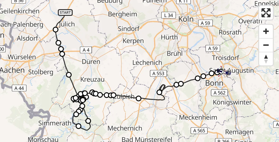 Flugroute Polizeihubschrauber Jülich - Sankt Augustin, 28 Mai 2026, 12:42