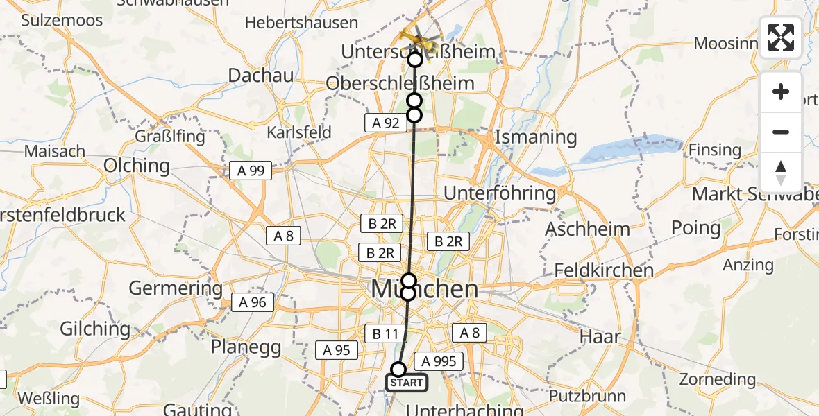 Flugroute Rettungshubschrauber ADAC Air Rescue Center Hubschrauberlandeplatz (Christoph 1) - Unterschleißheim, 28 Mai 2026, 12:45