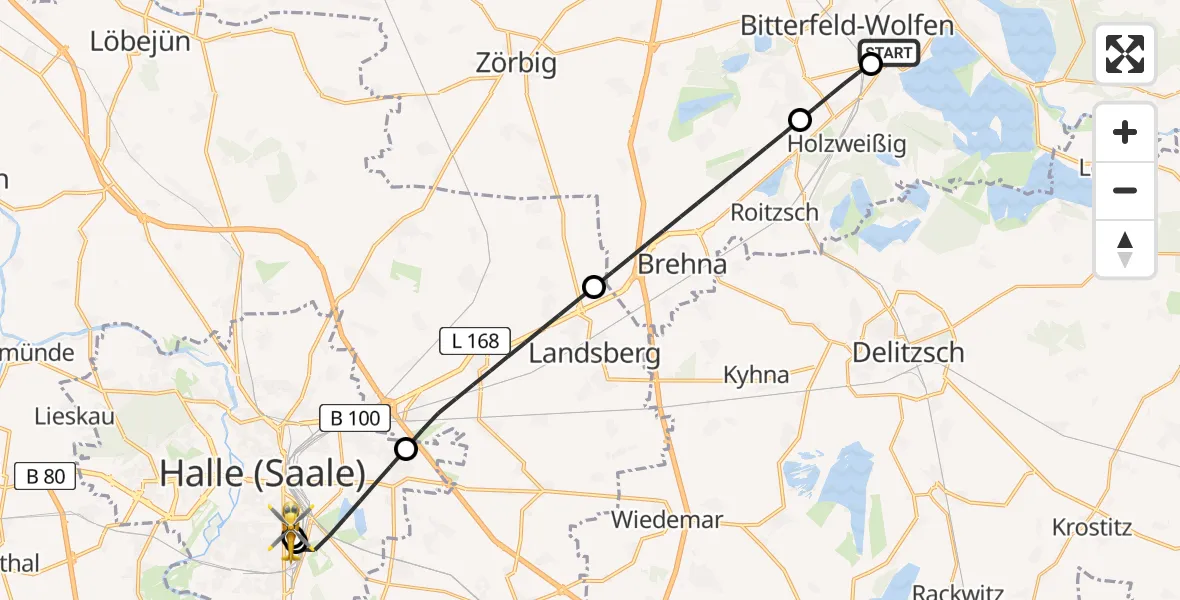 Flugroute Rettungshubschrauber Bitterfield-Wolfen Health Center Hubschrauberlandeplatz - BG Hospital Bergmannstrost Halle, 28 Mai 2026, 12:46