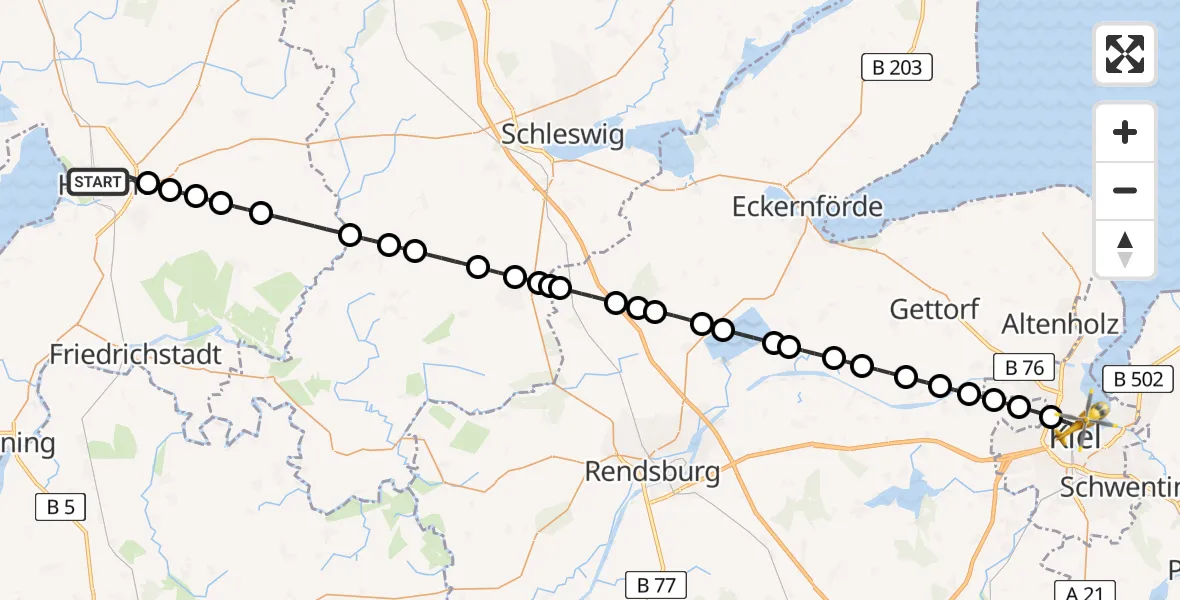 Flugroute Ambulanzhubschrauber Husum - Kiel, 28 Mai 2026, 12:52