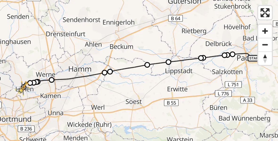 Flugroute Rettungshubschrauber Paderborn - Sankt Marien Hospital, 28 Mai 2026, 12:54