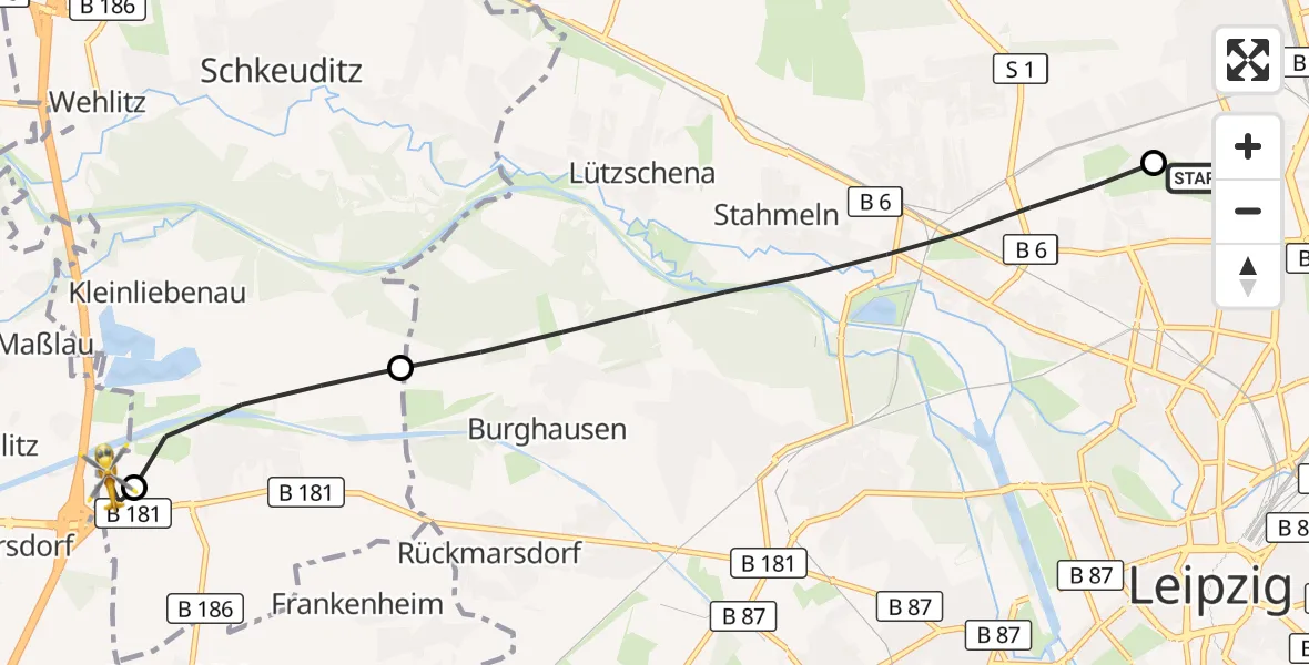 Flugroute Rettungshubschrauber Sankt Georg Hospital Leipzig Reserve - ADAC Air Rescue Station Leipzig/Schkeuditz-Dölzig Hubschrauberlandeplatz (Christoph 61), 28 Mai 2026, 12:56