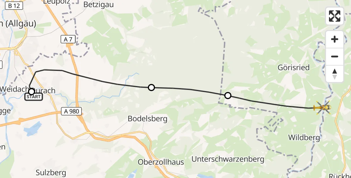 Flugroute Rettungshubschrauber Kempten-Durach Flugplatz - Görisried, 28 Mai 2026, 12:57
