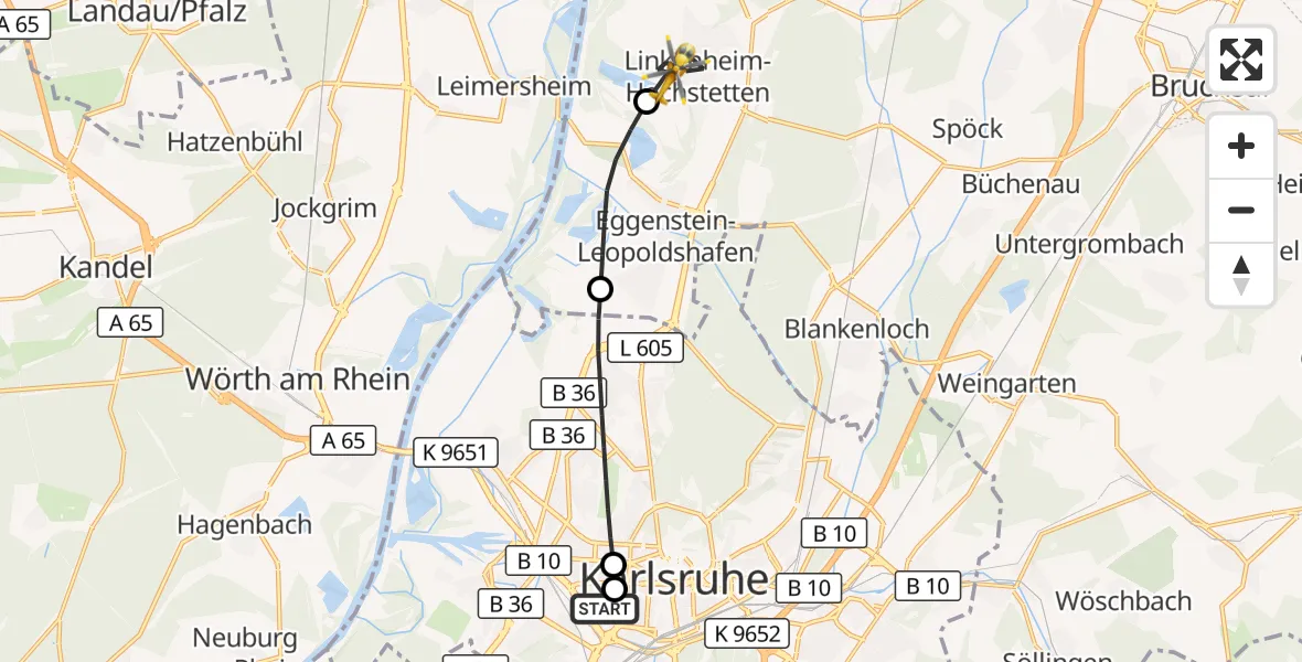 Flugroute Rettungshubschrauber Sankt Vincentius Hospital - Linkenheim-Hochstetten, 28 Mai 2026, 12:59