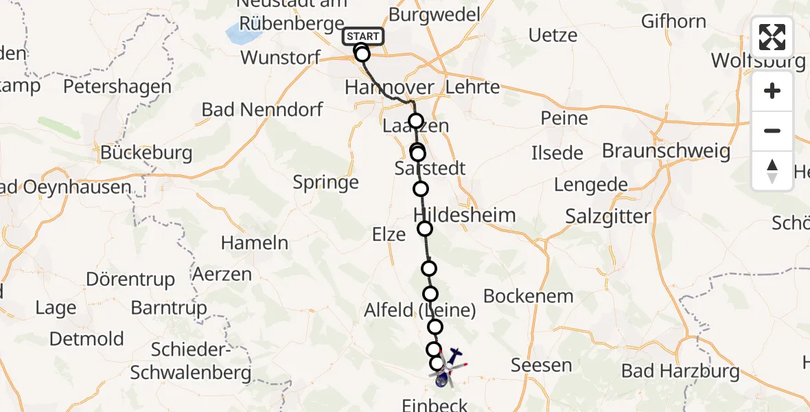 Flugroute Polizeihubschrauber Flughafen Hannover - Einbeck, 28 Mai 2026, 13:01