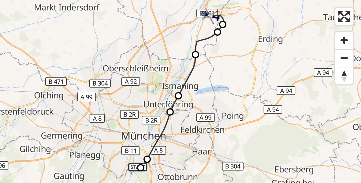 Flugroute Polizeihubschrauber ADAC Air Rescue Center Hubschrauberlandeplatz (Christoph 1) - München Flughafen, 28 Mai 2026, 13:04