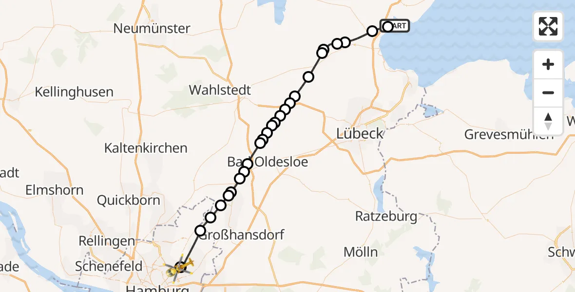 Flugroute Rettungshubschrauber Neustadt in Holstein - Hamburg Military Hospital, 28 Mai 2026, 13:05