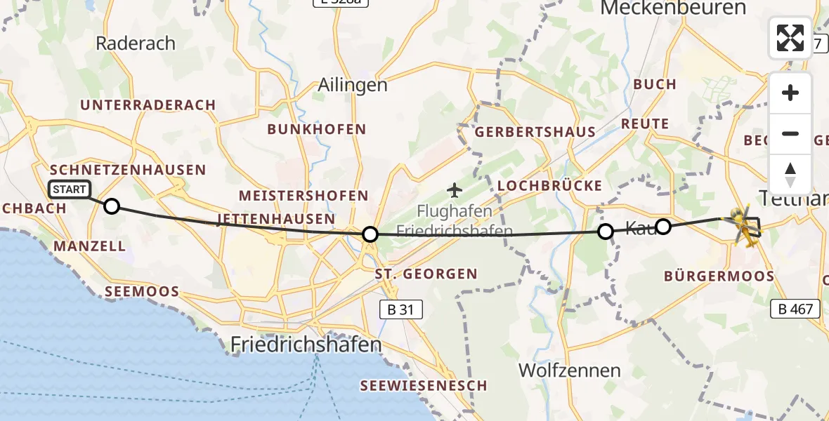 Flugroute Rettungshubschrauber Friedrichshafen Hospital - Tettnang, 28 Mai 2026, 13:05