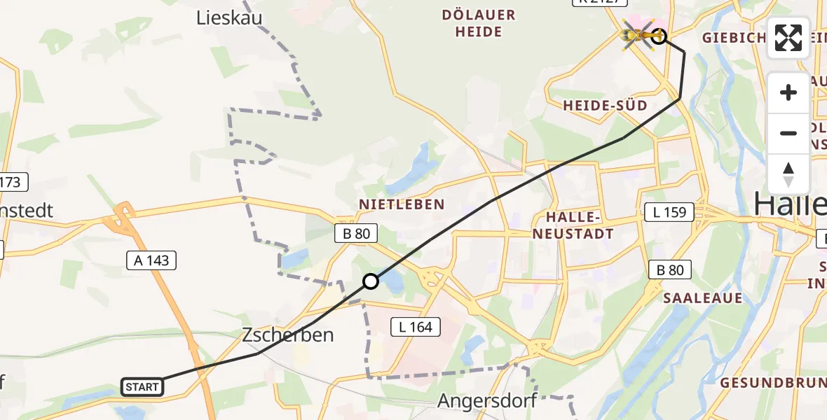 Flugroute Rettungshubschrauber Teutschenthal - Halle (Saale) University Hospital, 28 Mai 2026, 13:10