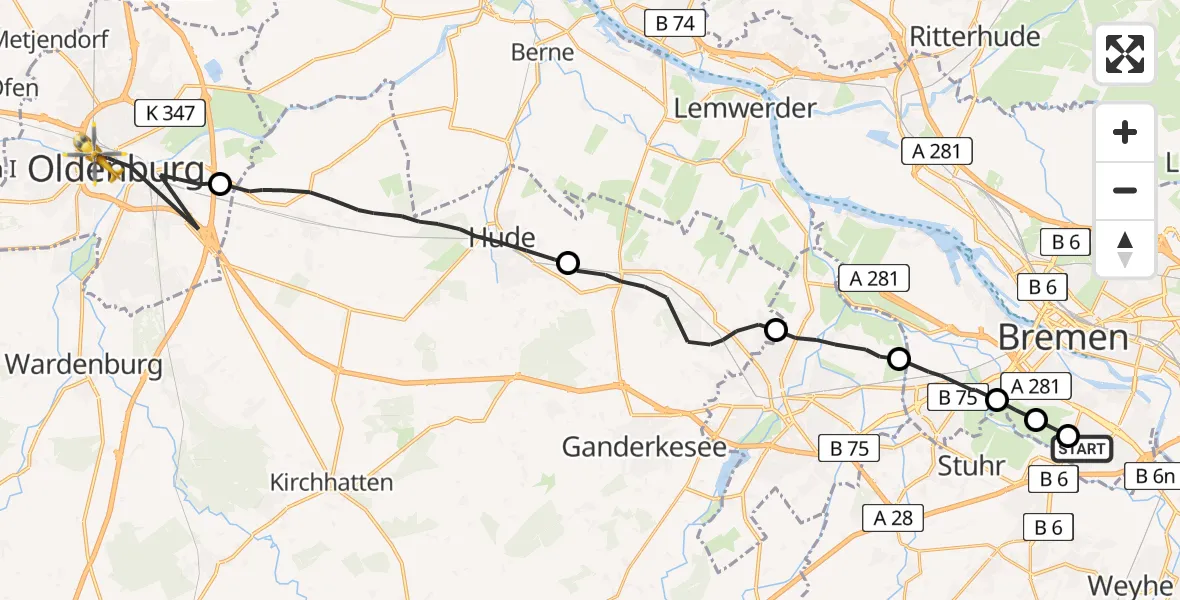 Flugroute Rettungshubschrauber ADAC Air Rescue Station Bremen Hubschrauberlandeplatz (Christoph 6) - Oldenburg (Oldb), 28 Mai 2026, 13:13