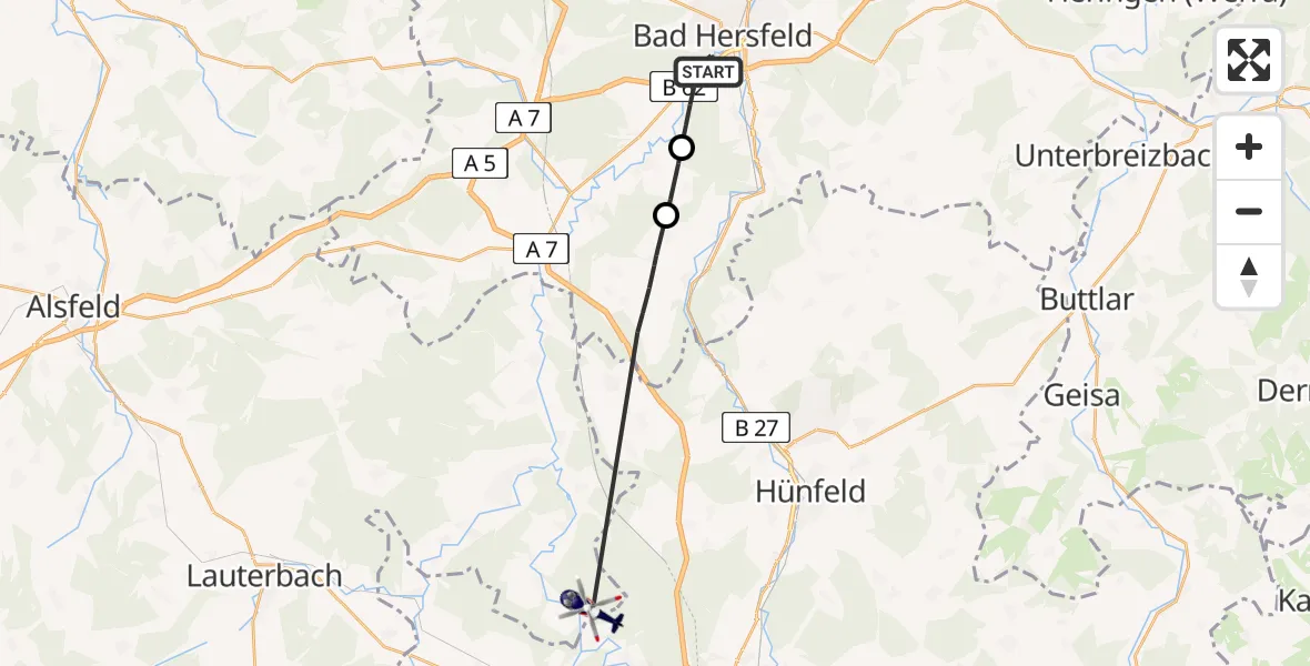 Flugroute Polizeihubschrauber Bad Hersfeld - Schlitz, 28 Mai 2026, 13:14