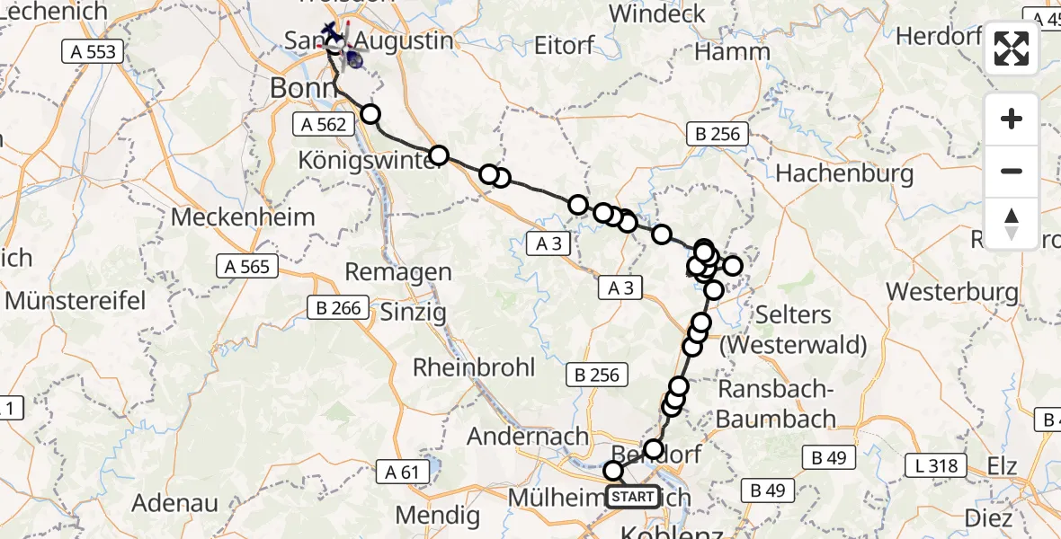 Flugroute Polizeihubschrauber Koblenz - Sankt Augustin, 28 Mai 2026, 13:14