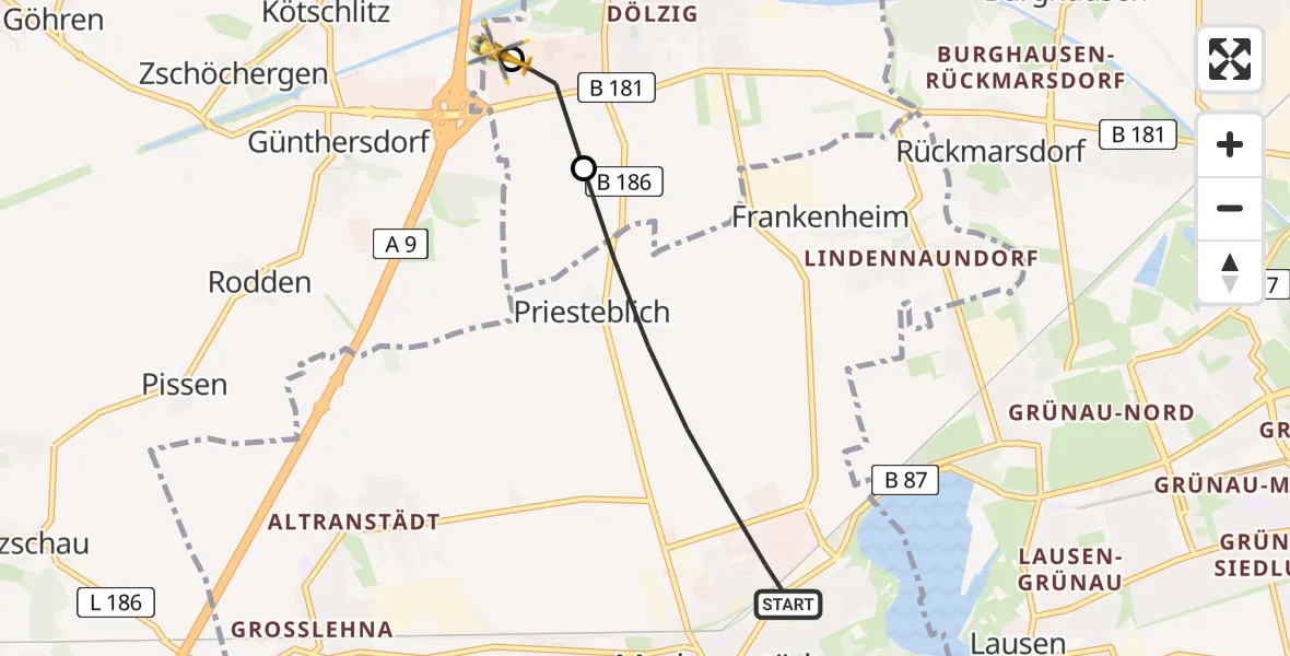 Flugroute Rettungshubschrauber Markranstädt - ADAC Air Rescue Station Leipzig/Schkeuditz-Dölzig Hubschrauberlandeplatz (Christoph 61), 28 Mai 2026, 13:21