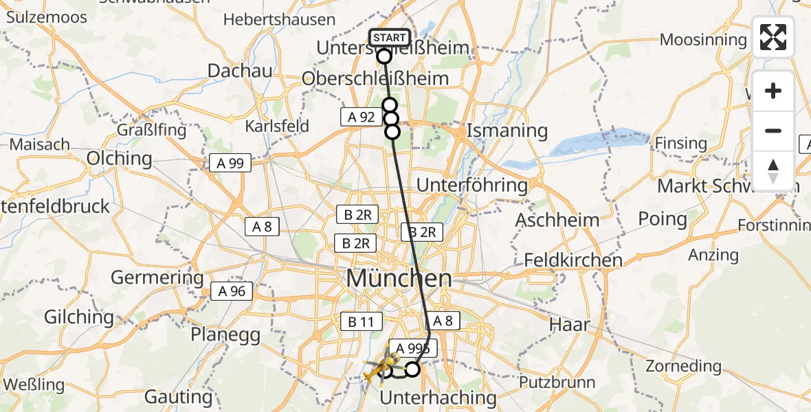 Flugroute Rettungshubschrauber Unterschleißheim - ADAC Air Rescue Center Hubschrauberlandeplatz (Christoph 1), 28 Mai 2026, 13:23