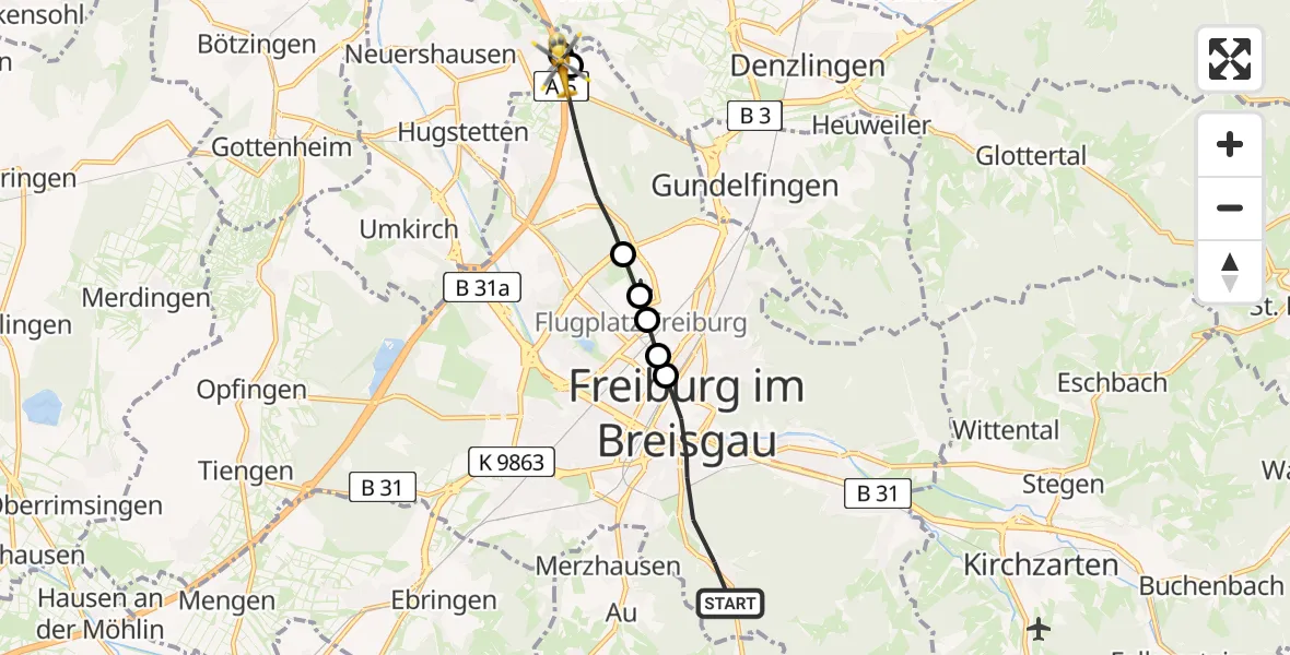 Flugroute Rettungshubschrauber Freiburg im Breisgau - Freiburg im Breisgau, 28 Mai 2026, 13:29