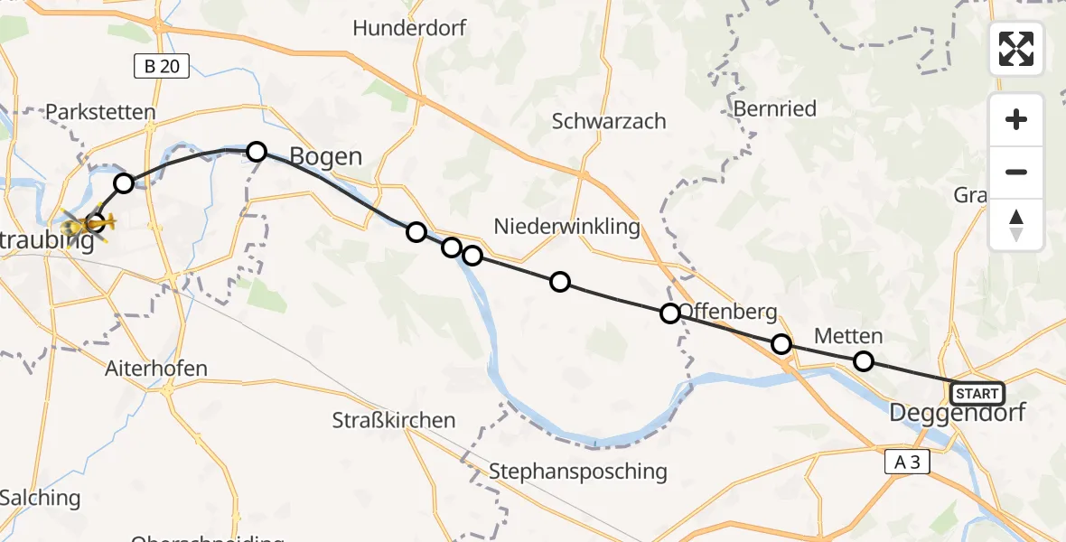 Flugroute Rettungshubschrauber Deggendorf - Sankt Elisabeth Hospital Straubing, 28 Mai 2026, 13:32