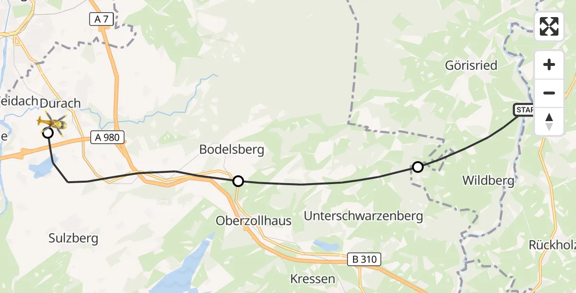Flugroute Rettungshubschrauber Görisried - Kempten-Durach Flugplatz, 28 Mai 2026, 13:33