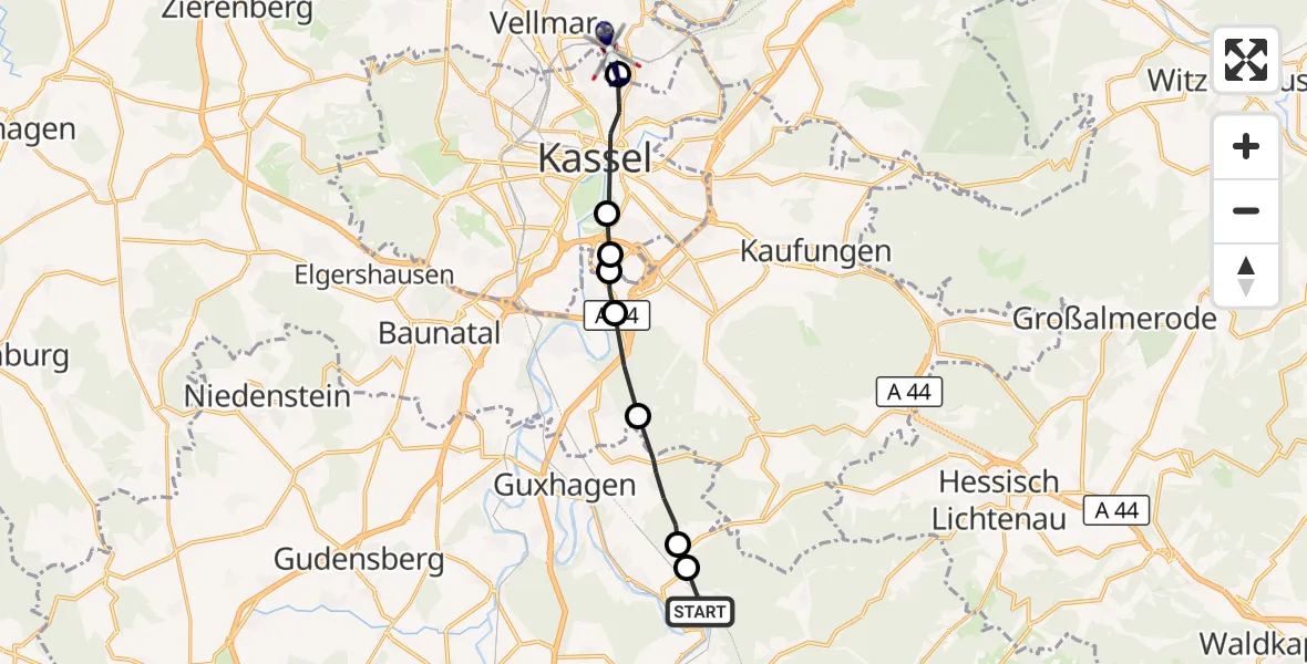 Flugroute Polizeihubschrauber Melsungen - Fuldatal, 28 Mai 2026, 13:36