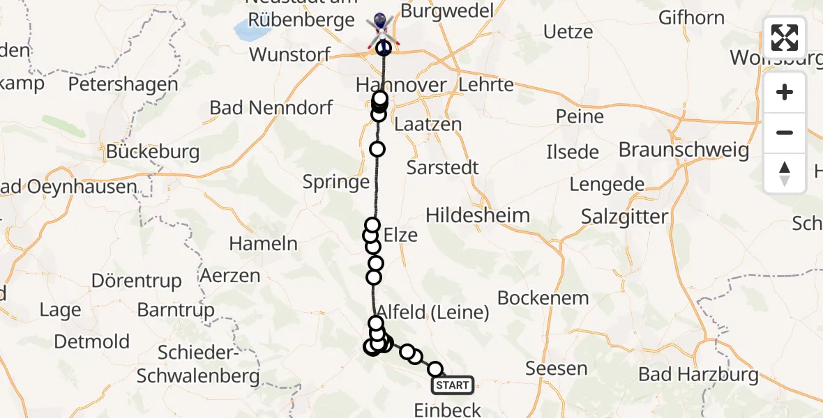 Flugroute Polizeihubschrauber Einbeck - Flughafen Hannover, 28 Mai 2026, 13:38