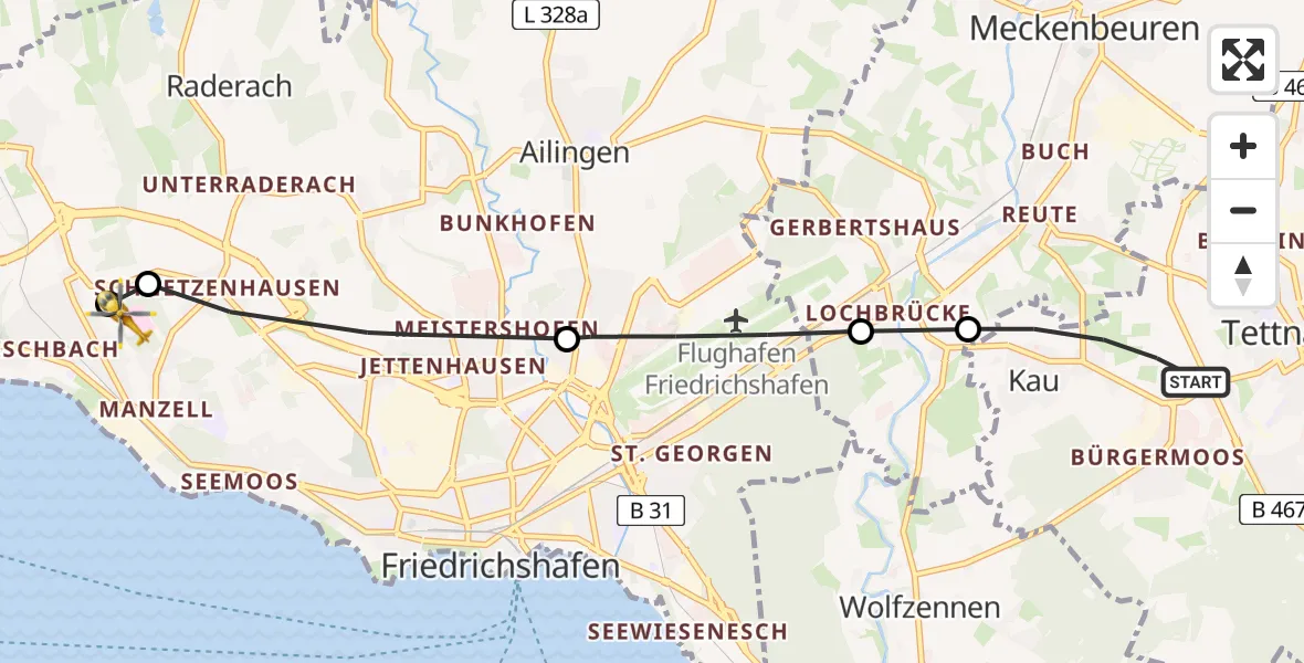 Flugroute Rettungshubschrauber Tettnang - Friedrichshafen Hospital, 28 Mai 2026, 13:41