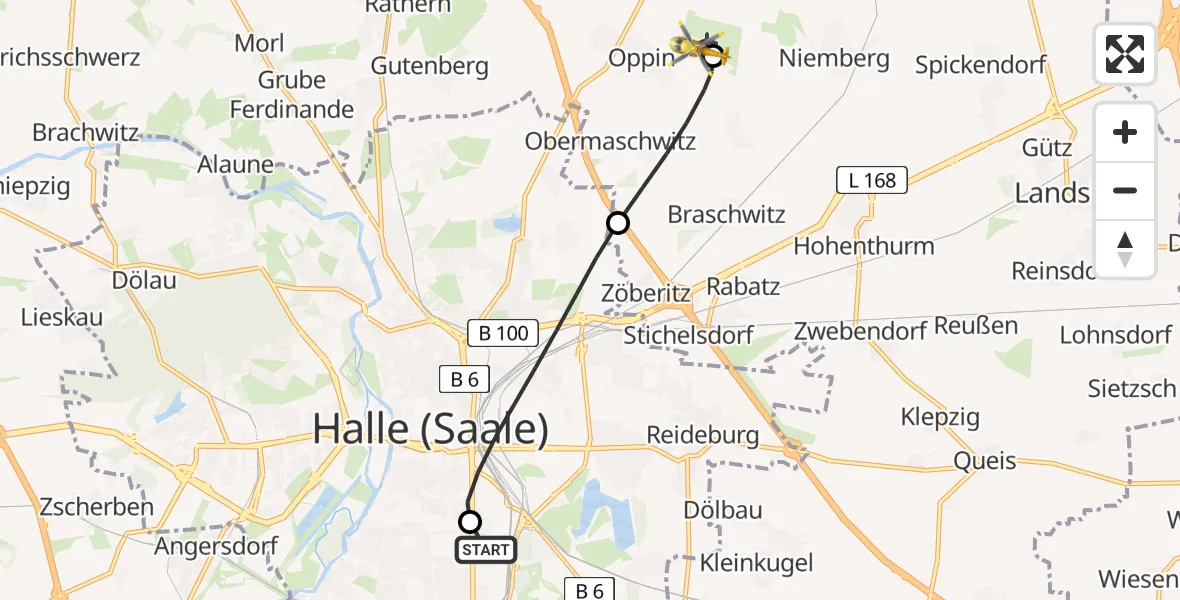 Flugroute Rettungshubschrauber BG Hospital Bergmannstrost Halle - Halle-Oppin Flugplatz, 28 Mai 2026, 13:50