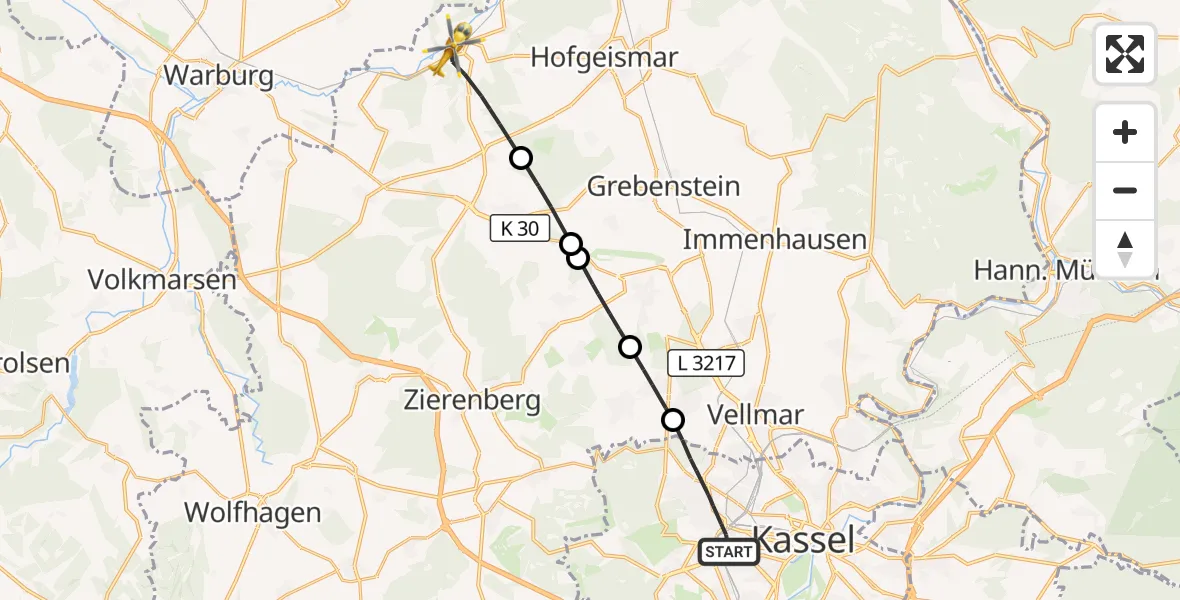Flugroute Rettungshubschrauber Kassel - Liebenau, 28 Mai 2026, 13:56