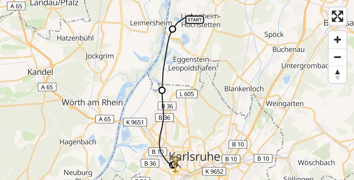 Flugroute Rettungshubschrauber Linkenheim-Hochstetten - Sankt Vincentius Hospital, 28 Mai 2026, 13:58