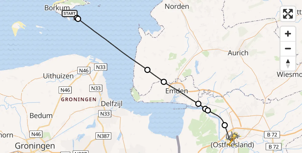 Flugroute Ambulanzhubschrauber Noordzee - Leer (Ostfriesland), 28 Mai 2026, 13:59