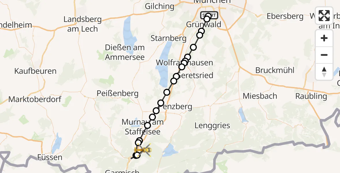 Flugroute Rettungshubschrauber ADAC Air Rescue Center Hubschrauberlandeplatz (Christoph 1) - Eschenlohe, 28 Mai 2026, 14:08